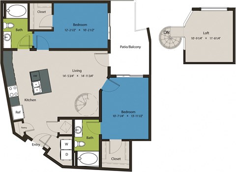 Floor plan for 2 beds, 2 baths, 1153 sqft